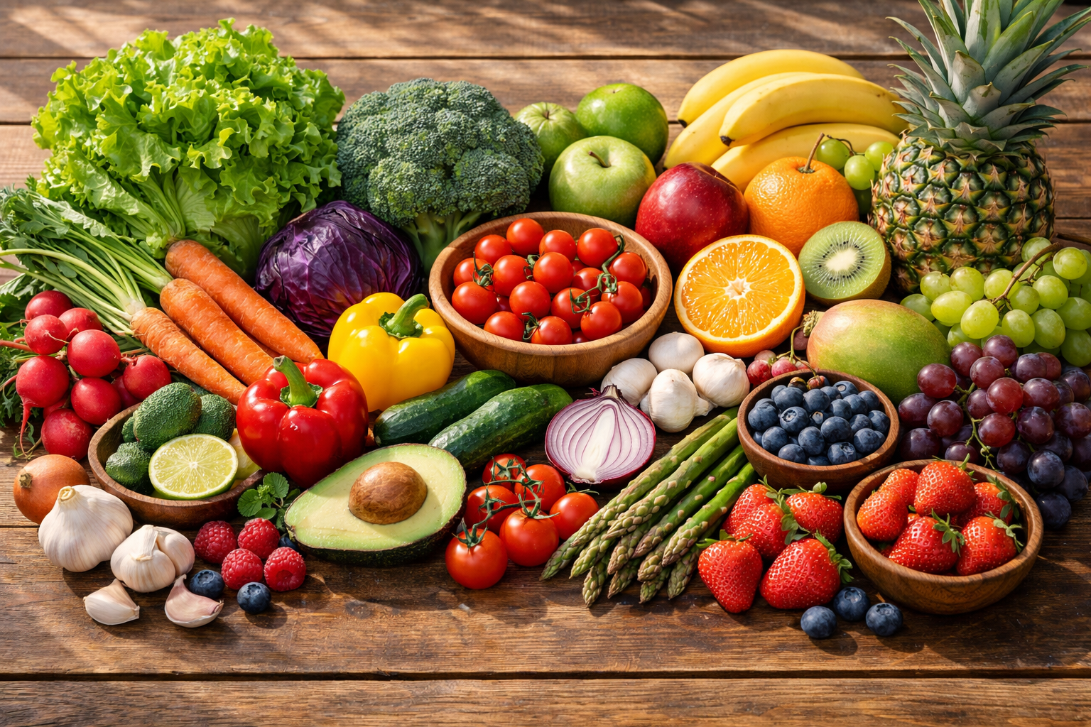 Fresh vegetables and fruits arranged on a wooden table with natural lighting, healthy eating concept, vibrant colors, clean composition