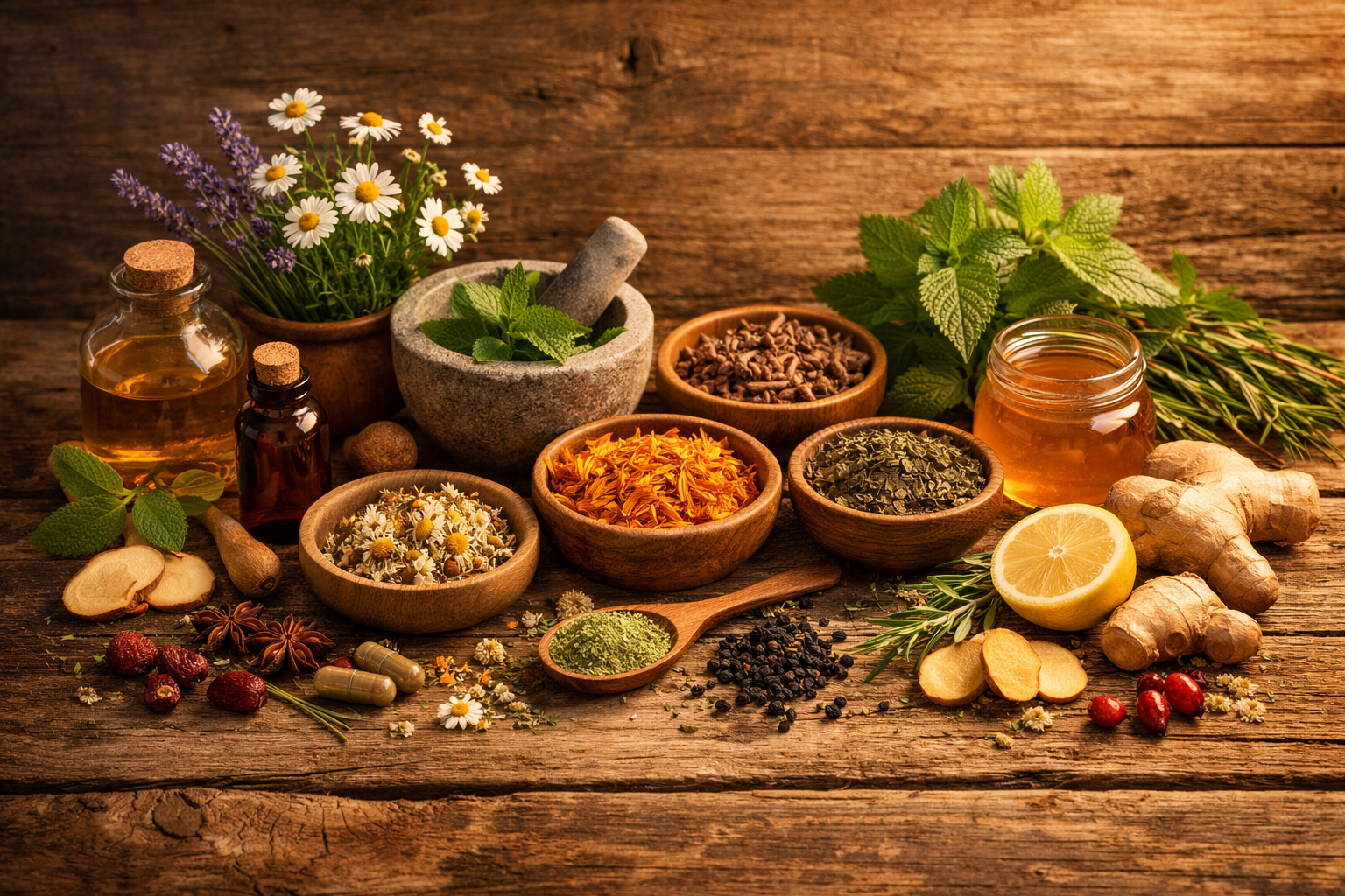 Natural herbal ingredients and plants on a rustic wooden background, wellness and natural health concept, soft warm lighting
